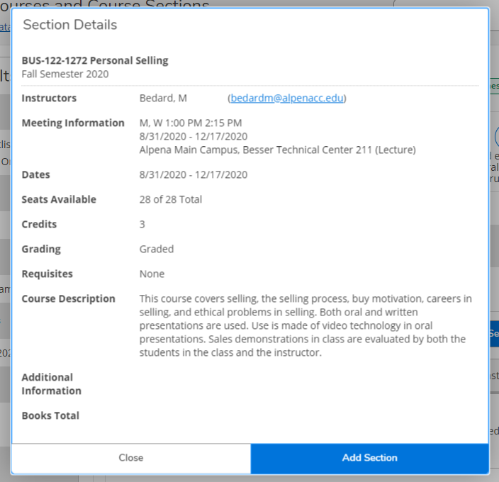 Confirmation pop-up after clicking "Add Section to Schedule" button 