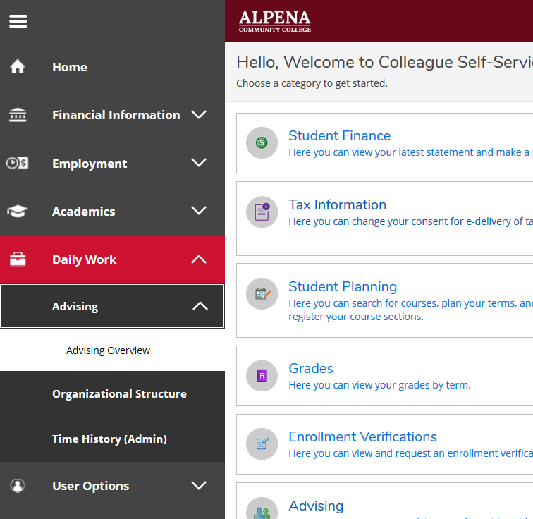 Slide out menu with "Daily Work" selected, showing the listed additional menu options