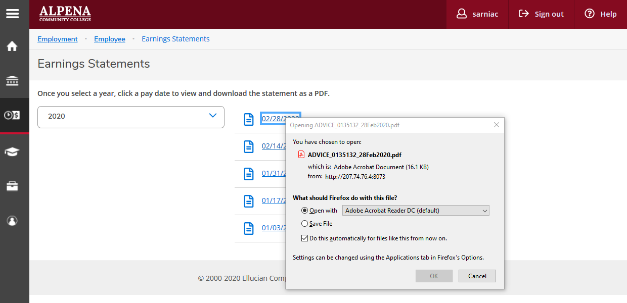 Earning Statements pop-up asking for PDF download location