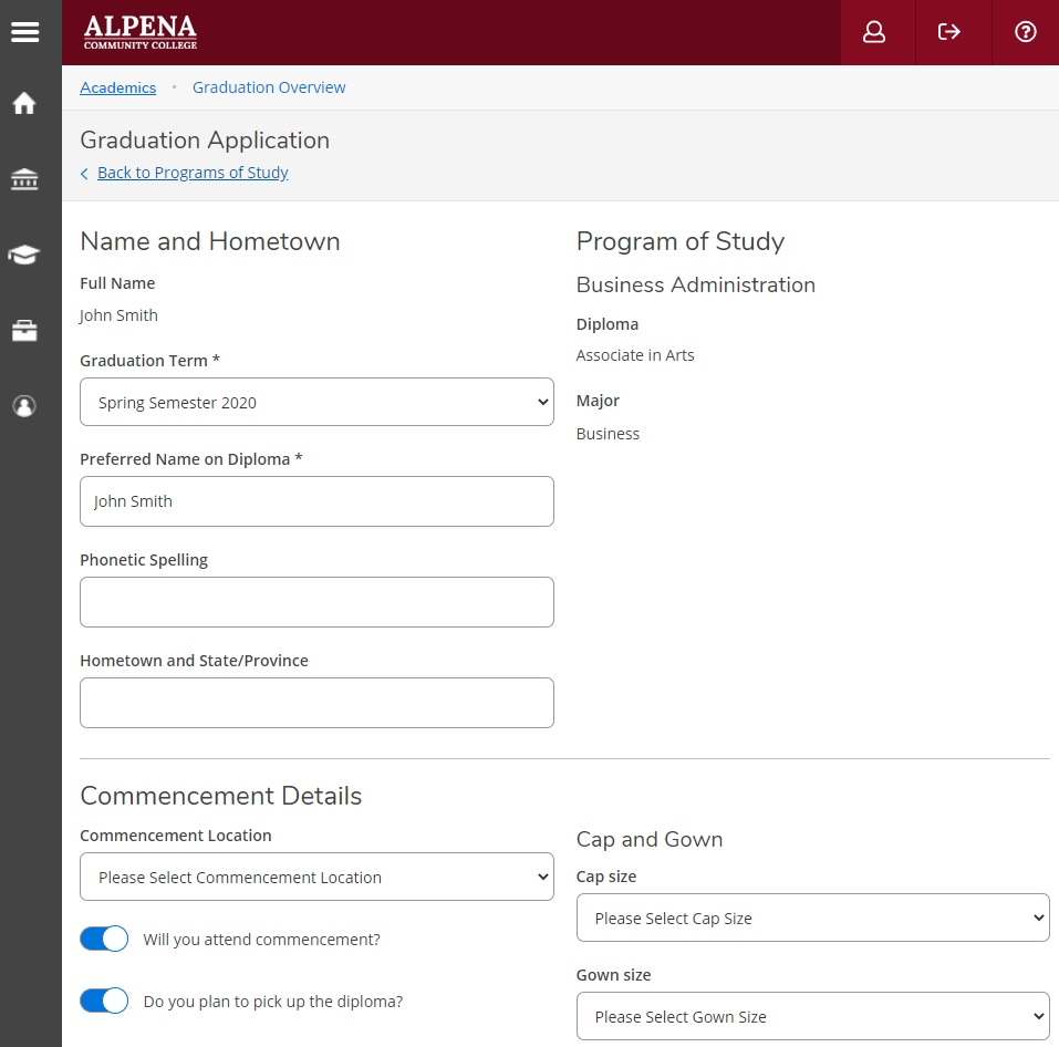 Graduation Application form asking for name, graduation term, cap and gown size, etc