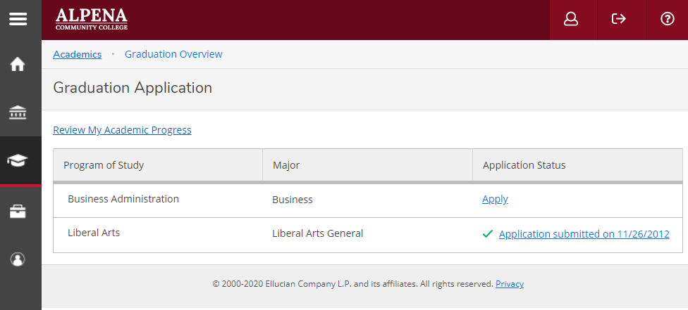 Graduation Application page, listing the Programs of Study and displaying application status for each program, either to Apply or Already Submitted