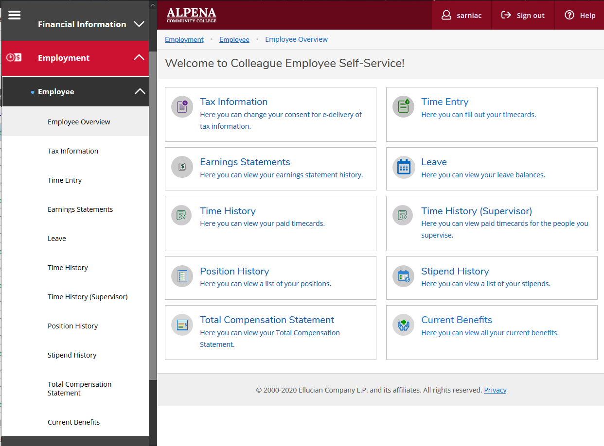 Self Service Employee Menu, which shows the following options: Employee Overview, Tax Information, Time Entry, Earnings Statements, Leave, Time History, Time History Supervisor, Position History, Stipend History, Total Compensation Statement, Current Benefits