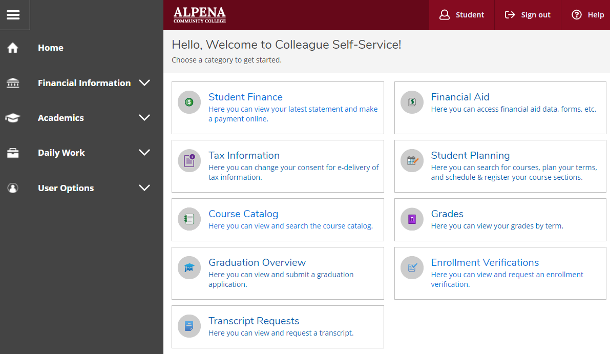 Left-hand slide menu with options of Home, Financial Information, Academics, Daily Work, User Options