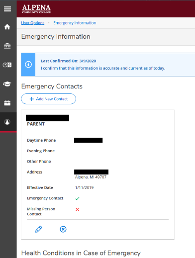 Emergency Information screen, with an emergency contact visible showing their name, address and phone number