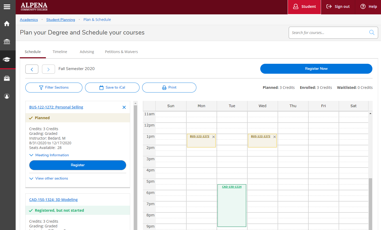 Planning Schedule, showing various courses either pending and registered, with accompanying calendar displaying class schedule