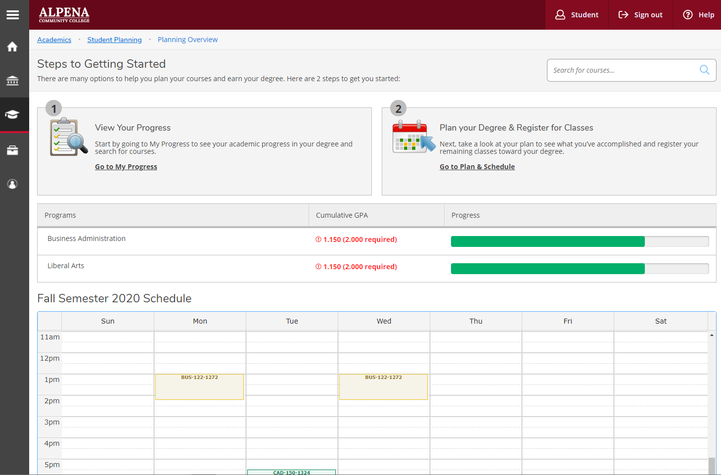 Student Planning Overview page, showing steps to get started, progress of Programs of Study, and a calendar of the current semester schedule