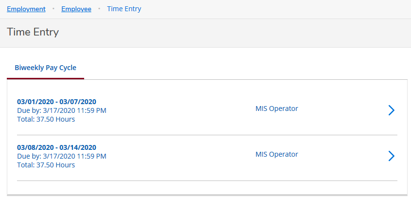 Time Entry Screen, to select biweekly pay cycle