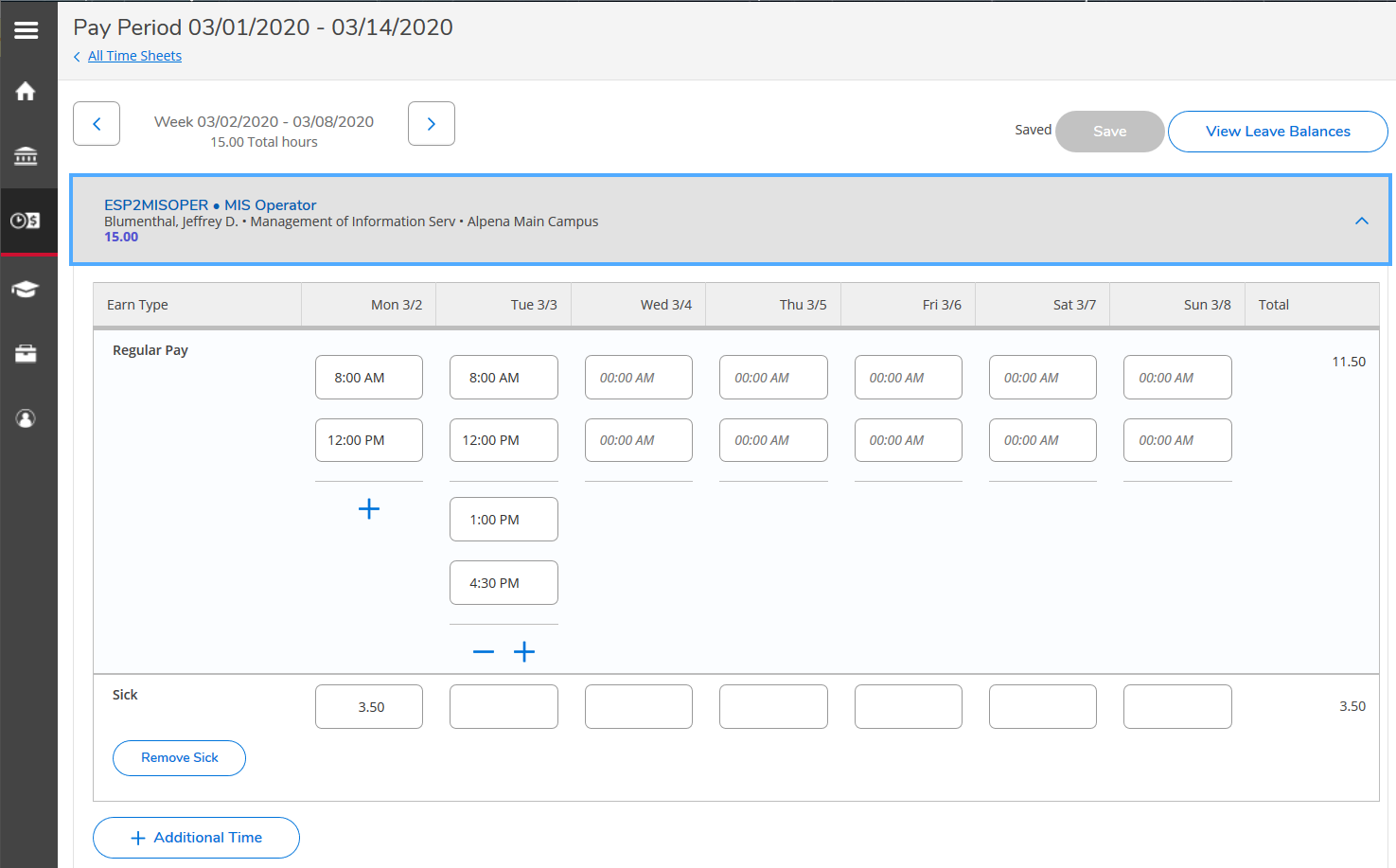 Pay period time sheet entry, arranged in columns by day, and rows with fields for start and end times