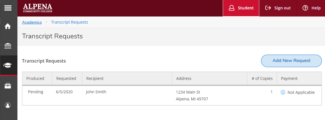 Transcript Requests form, showing active requests and a button to Add New Request