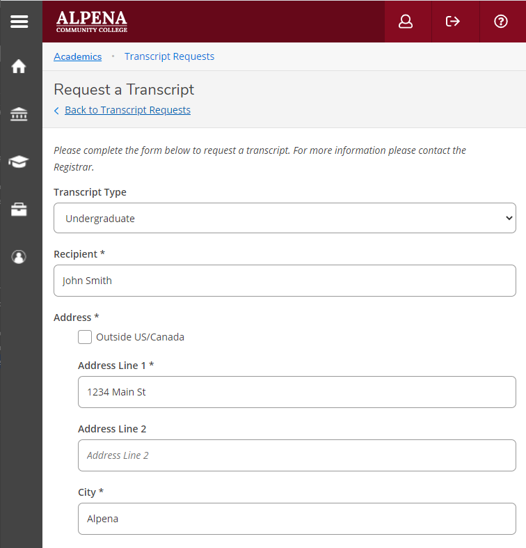 Request a Transcript form, with fields for transcript type and recipient name and address