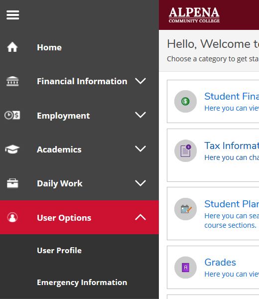 User Options on slide-out menu