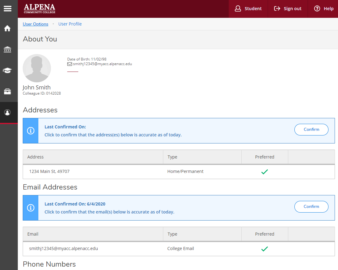 About You profile page with student name, addresses and phone number