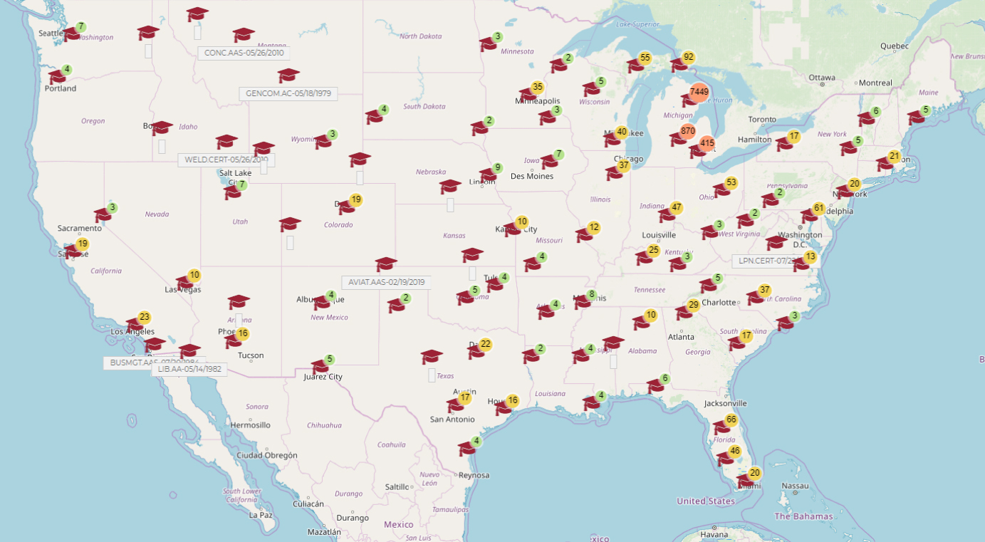 A screenshot of the Lumberjack Map showing all of the locations that ACC alumni have gone on to