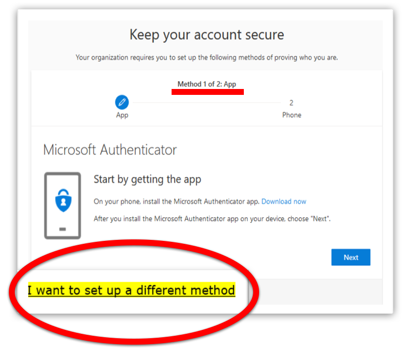 Keep your account secure, method 1 of 2 screen