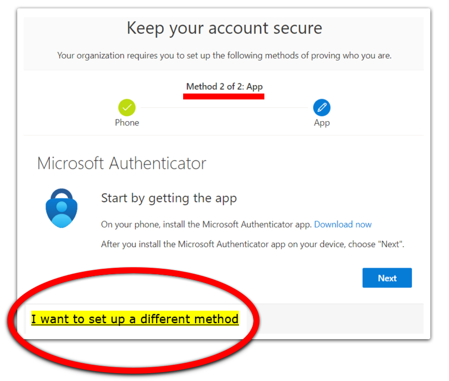 Keep your account secure, method 2 of 2 screen
