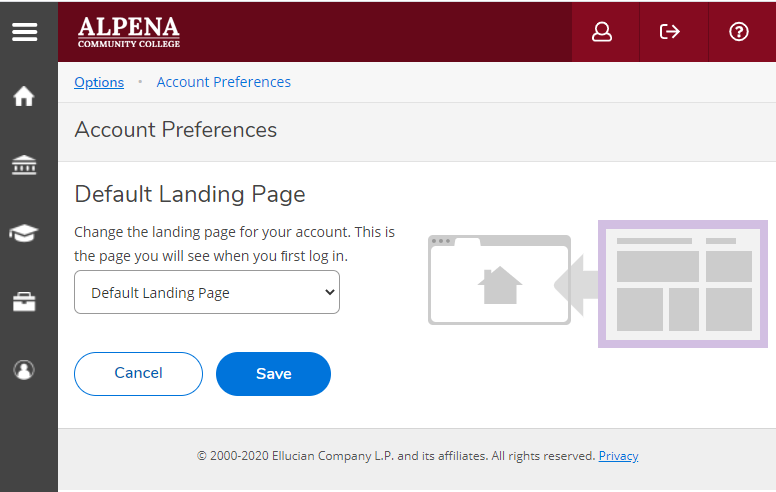 Account Preferences page, default landing page option