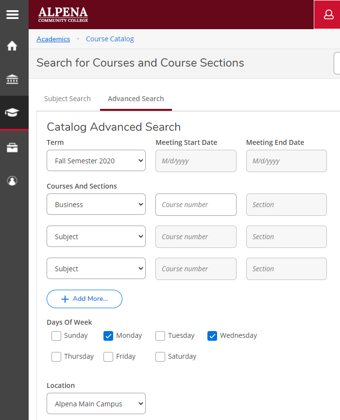 Advanced Search page for Course Catalog, with the following parameters entered: Fall Semester 2020, Business courses, Mondays and Wednesdays, on Alpena Main Campus