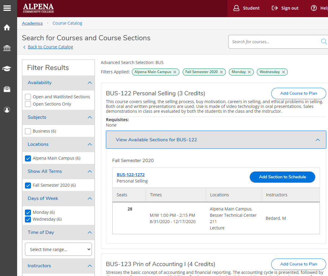 Viewing a search result for Business 122, with filter options on left hand side and several buttons to Add Course to Plan or to Schedule. Result shows course description, meeting times, dates, location and instructor