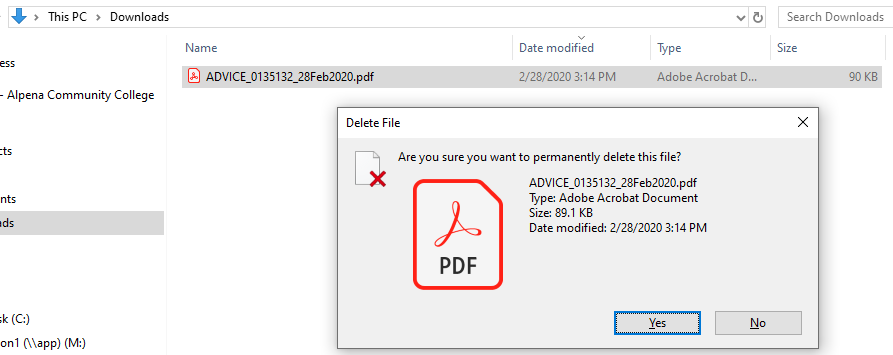 Confirmation pop-up for permanently deleting a file