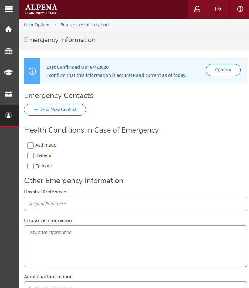 Emergency Information page with Emergency Contacts and input fields for Health Conditions in Case of Emergency