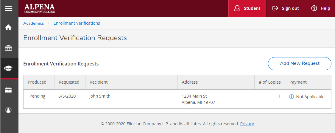 Enrollment Verification Request page, showing any active requests, and a button to Add New Request