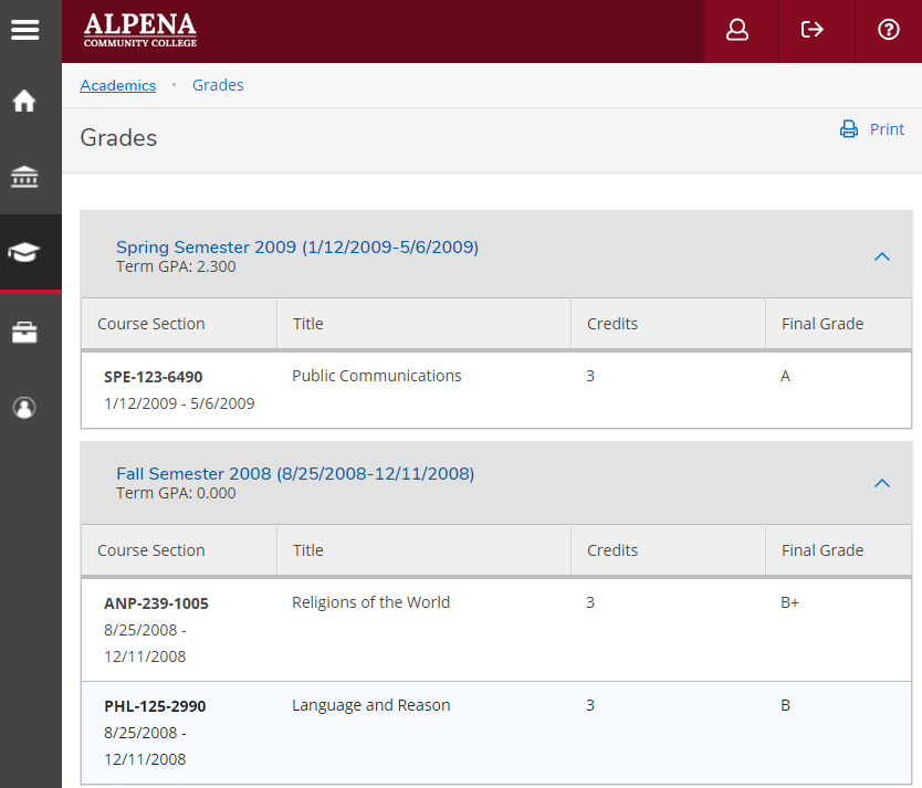 Grades page showing two semesters of courses and their final grades