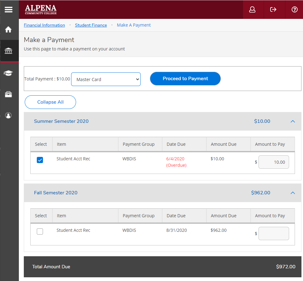Make a Payment page, showing charges by semester and with options to proceed to payment by credit card