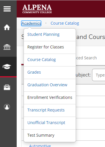Pop-up menu shown when clicking on the "Academics" link when in a page under the Academics category