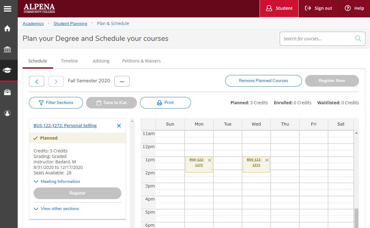 After confirming adding section, Plan & Schedule page reflects the Business 122 section that was added