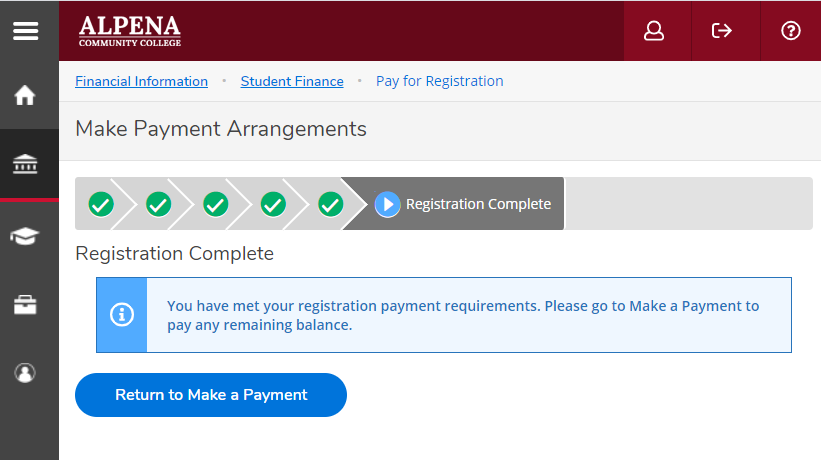 Pay for Registration page confirming that the student has met all payment requirements
