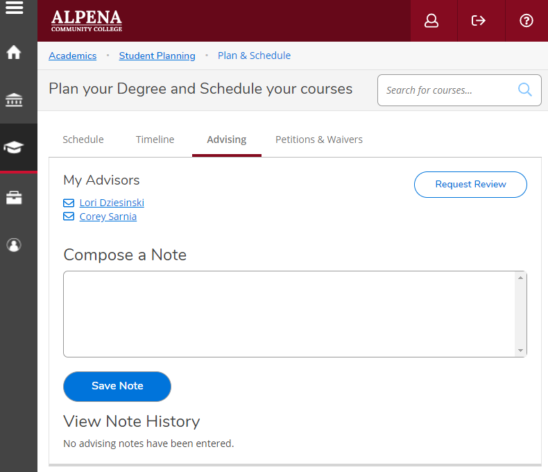 Student Planning Advising tab, showing e-mail address of advisors and a section to compose and advising note