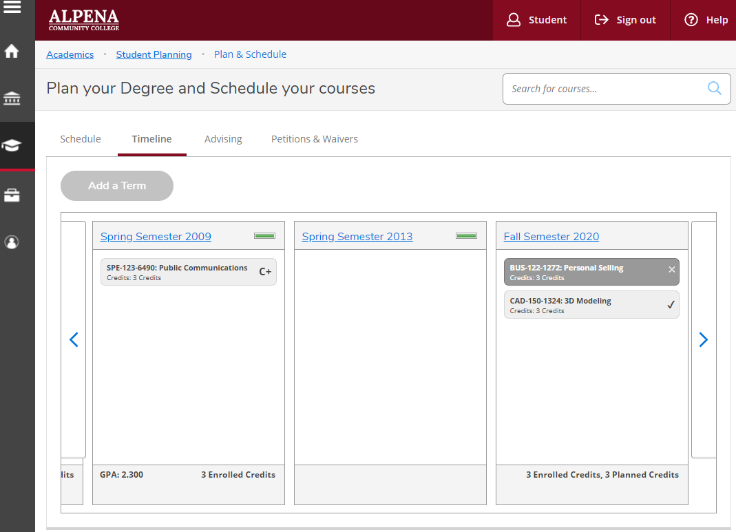 Student Planning Timeline tab, showing history of all courses taken